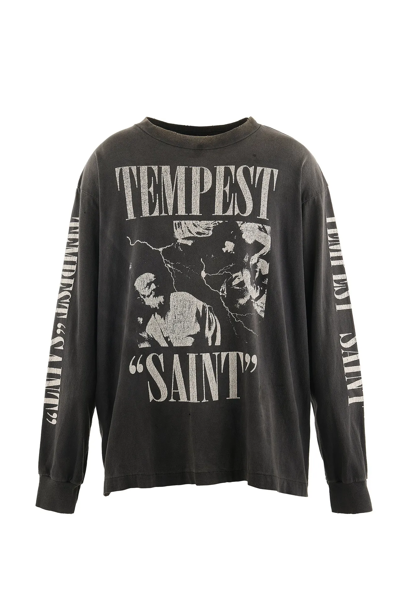 SAINT Mxxxxxx LS TEE/TEMPEST/BLK 'TEMPEST SAINT' Storm Religious Saints Cracked Retro Vulcanized Heavy Wash Long Sleeves Washed Black S-XL Assute Dyeing Multi-bit Horse Fading Craftsmanship Grinding and Hanging Holes Full of Old Feeling Top Printing Craftsmanship Purchasing Level